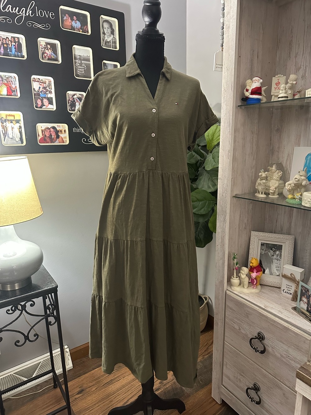 Tommy Hilfiger Olive Green Tiered Shirt Maxi Dress